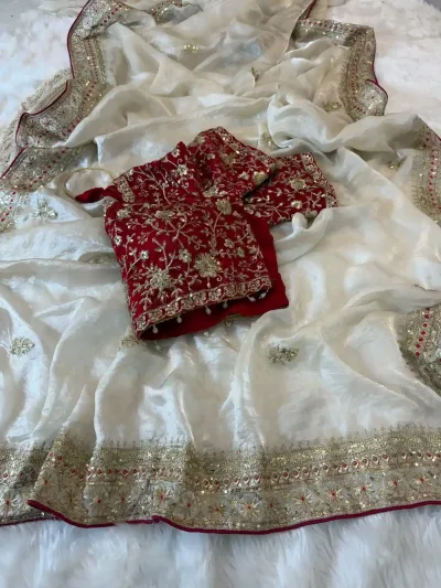 Cream Multi-Thread Heavy Embroidery Soft Space Silk Saree